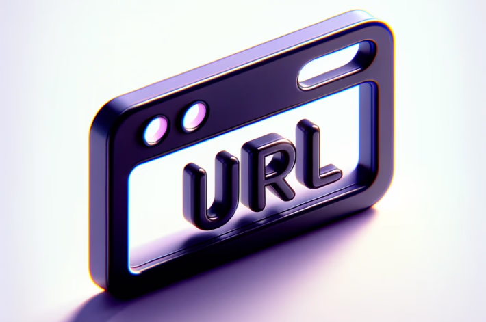 An abstract 3D illustration of a window with the word "URL" inside it