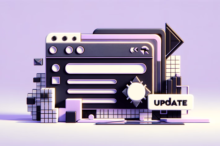 Abstract illustration of a browser with a update sign, and a variety of geometric blocks next to it
