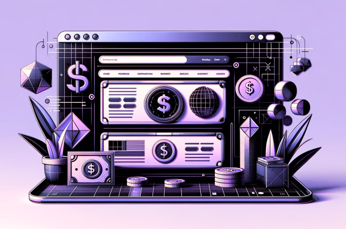 Ilustración abstracta de un portatil con un navegador web abierto y signos de dinero flotando alrededor de la pantalla